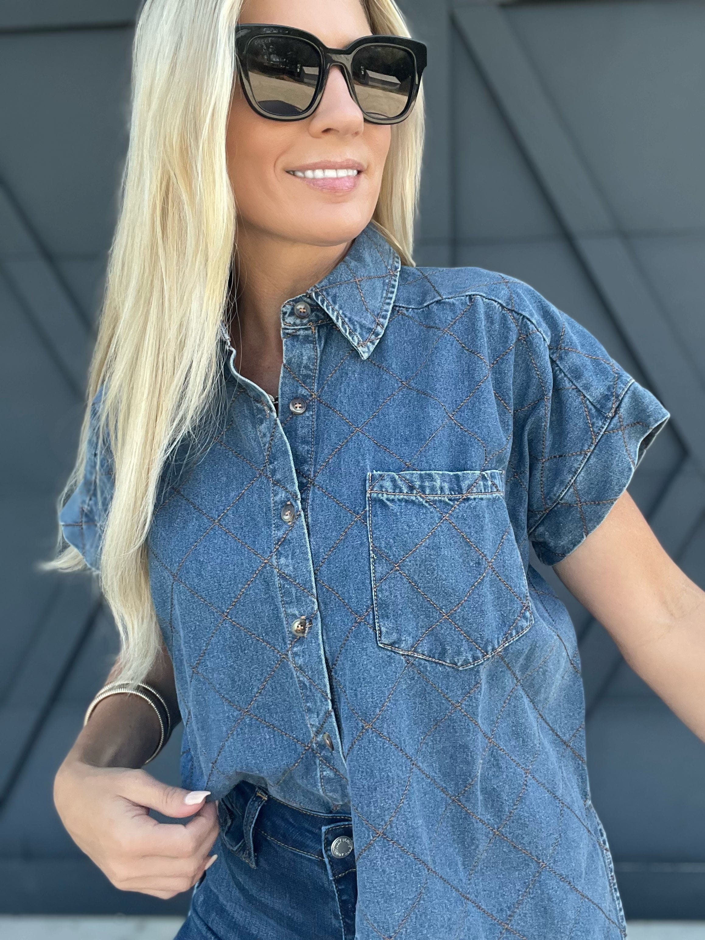 Stitched Denim Button Down Top - Infinity Raine