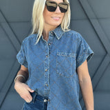 Stitched Denim Button Down Top - Infinity Raine