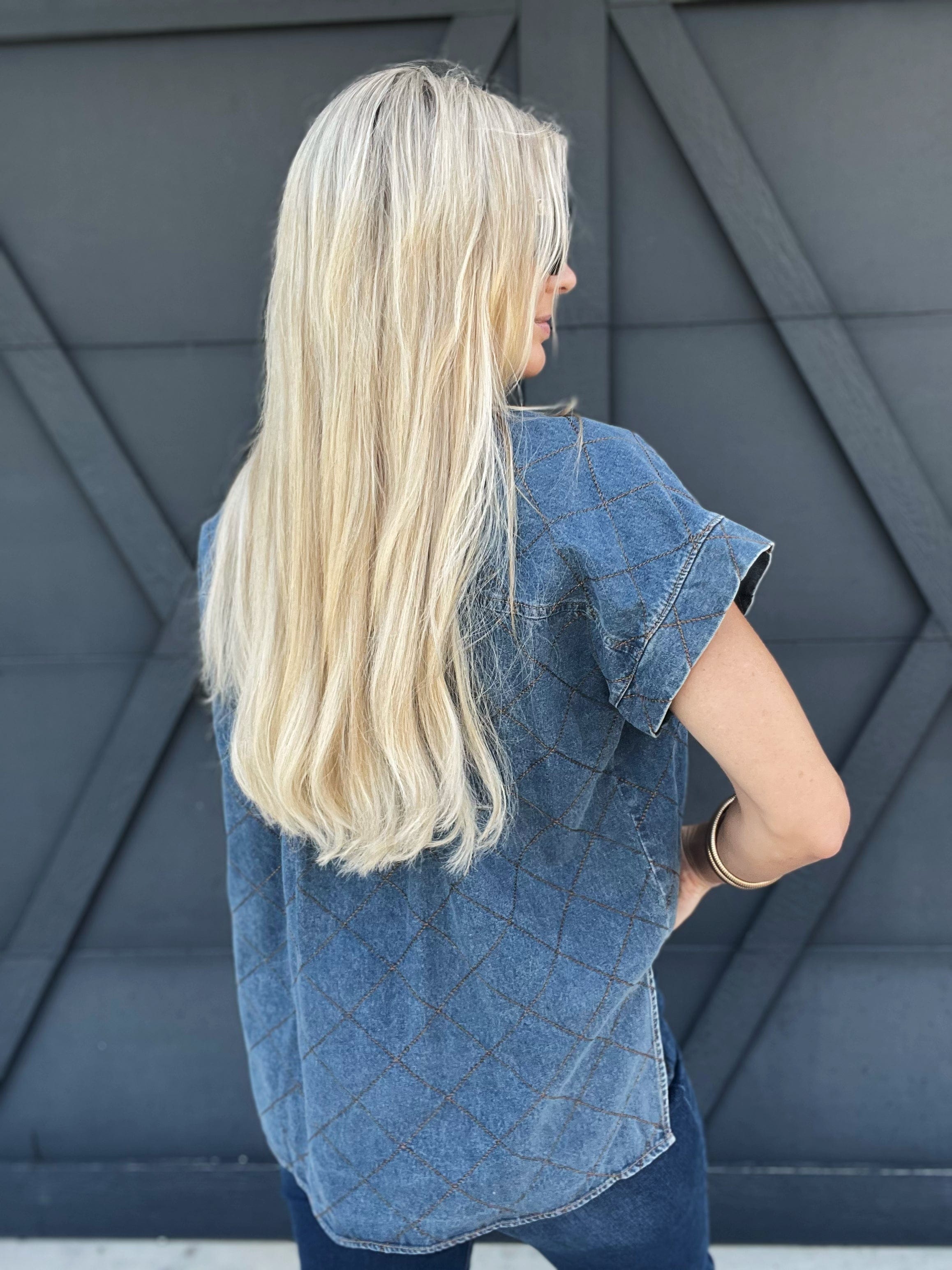 Stitched Denim Button Down Top - Infinity Raine