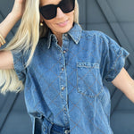 Stitched Denim Button Down Top - Infinity Raine