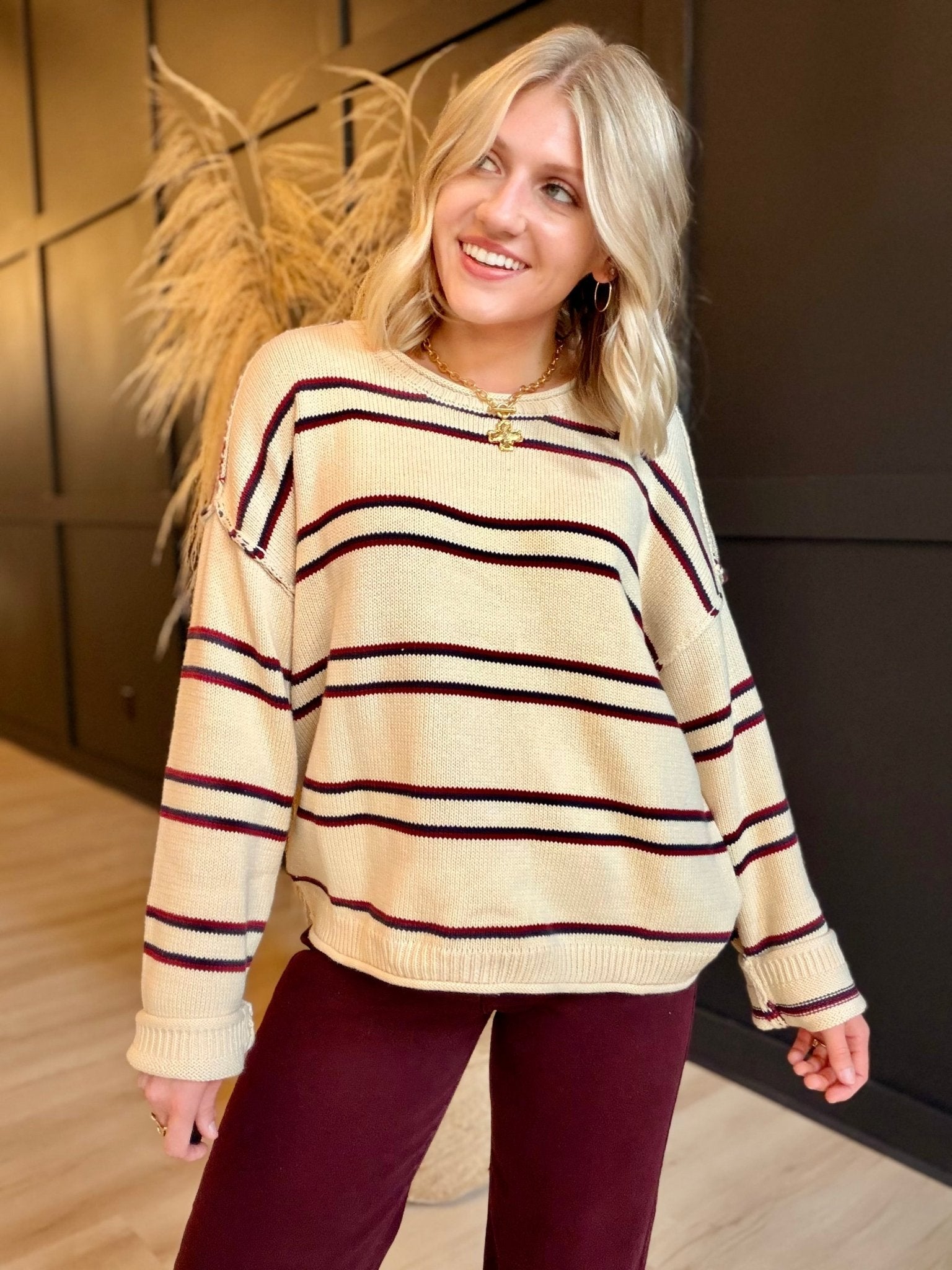 Exposed Seam Striped Round Neck Pullover In Ivory multi - Infinity Raine