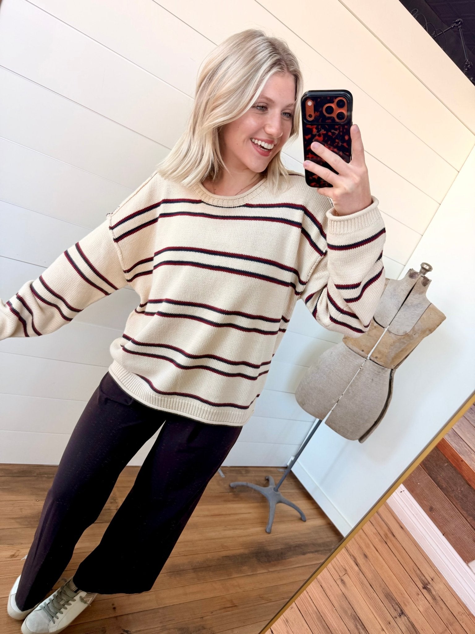 Exposed Seam Striped Round Neck Pullover In Ivory multi - Infinity Raine