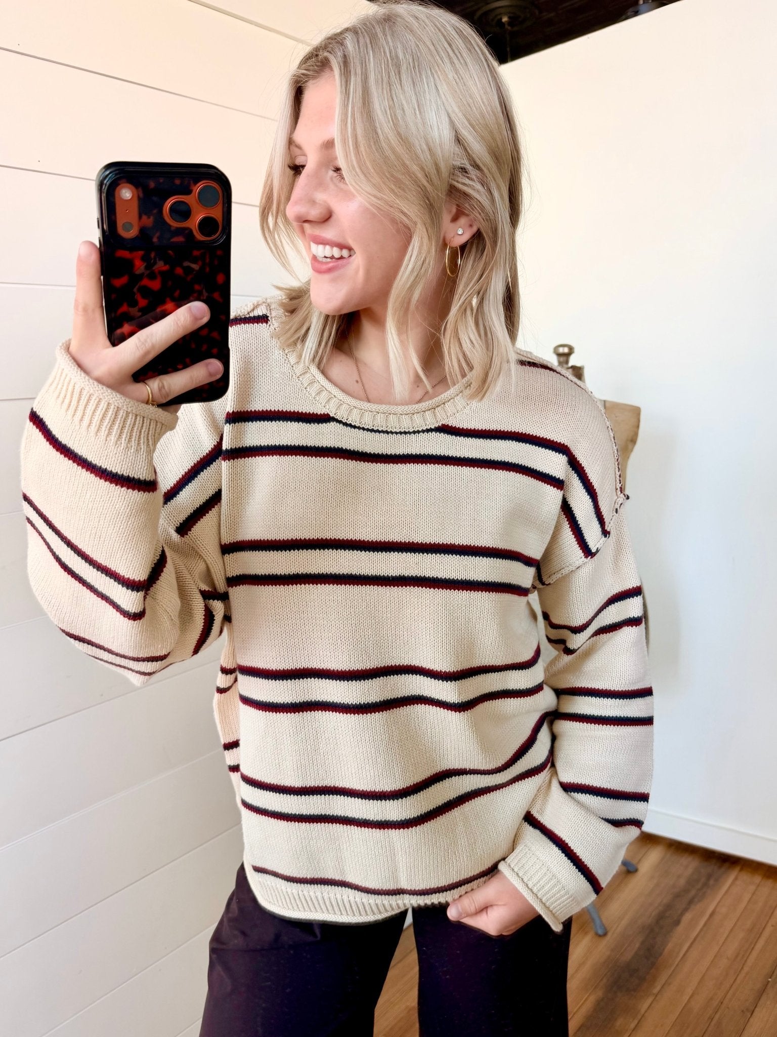 Exposed Seam Striped Round Neck Pullover In Ivory multi - Infinity Raine