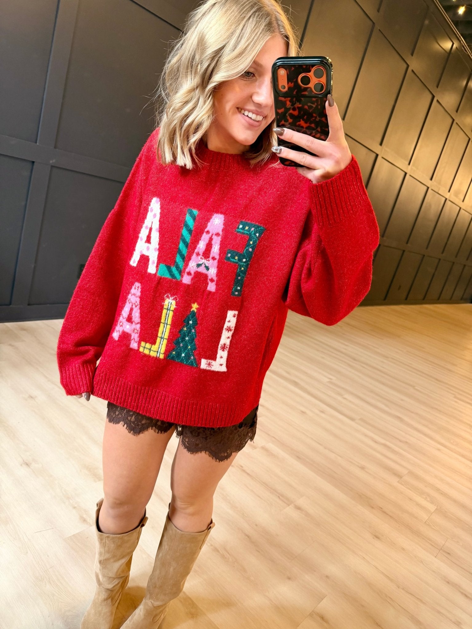 Fa La La Christmas Crew Neck Sweater In Red - Infinity Raine