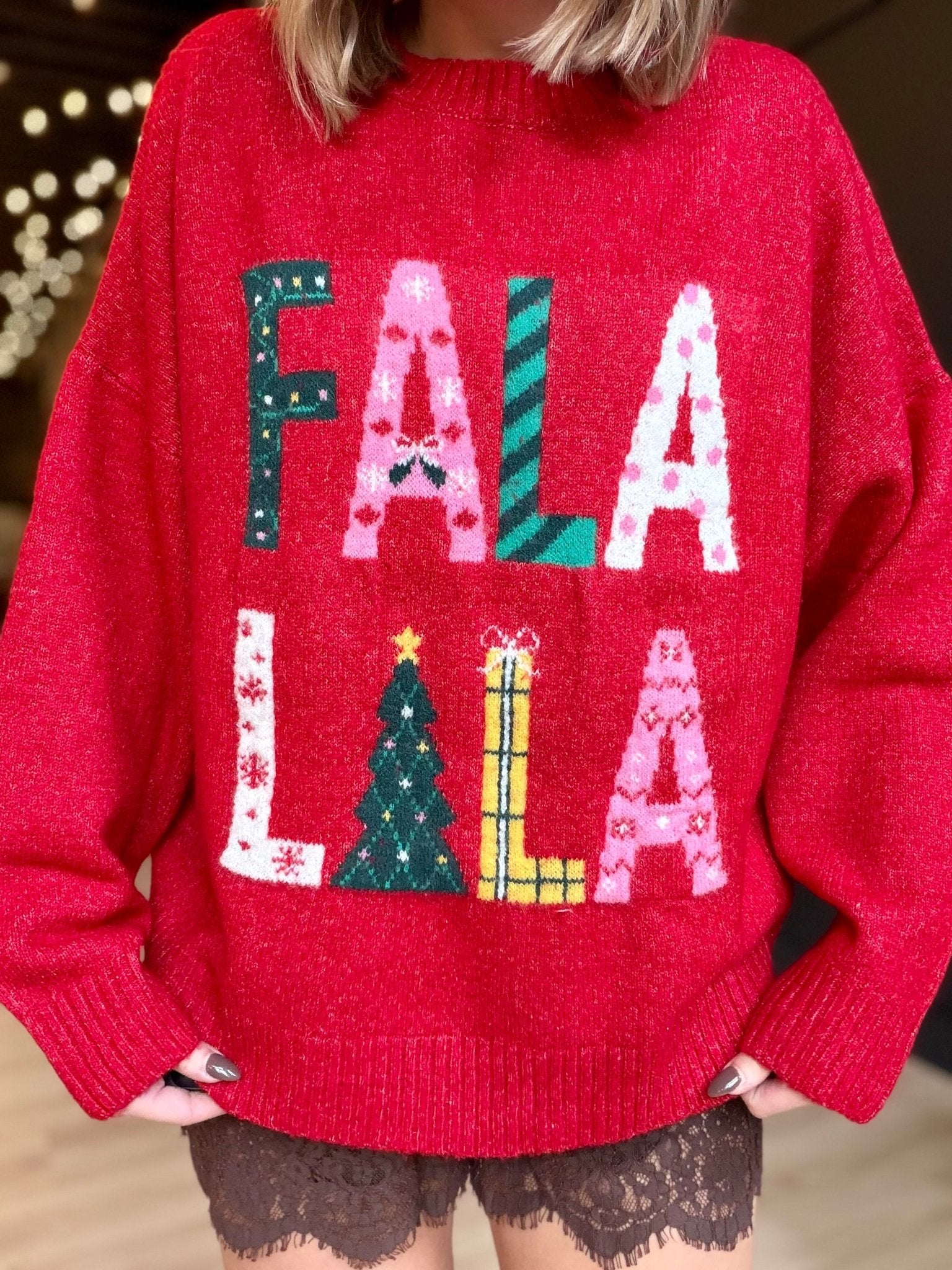 Fa La La Christmas Crew Neck Sweater In Red - Infinity Raine