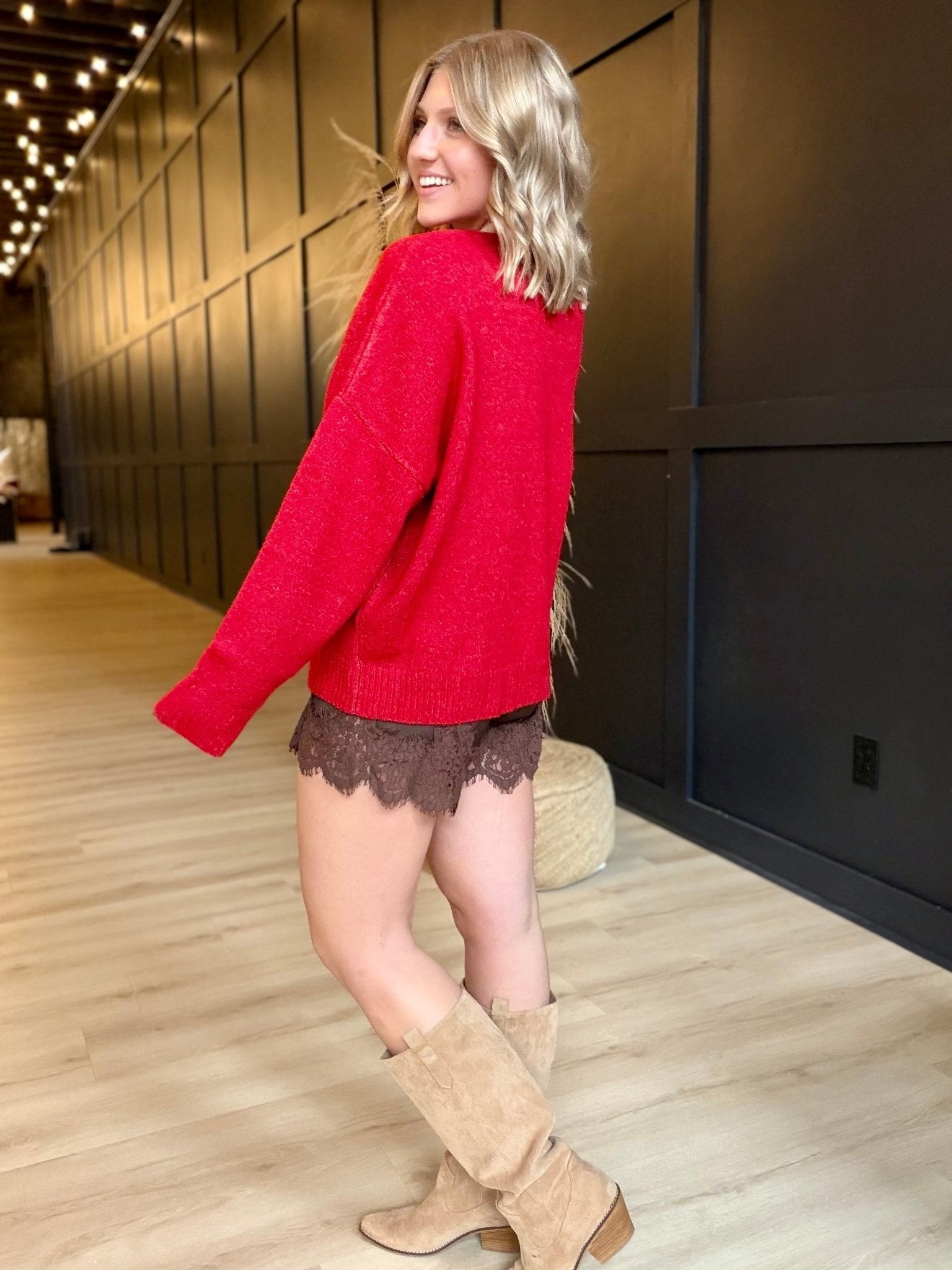 Fa La La Christmas Crew Neck Sweater In Red - Infinity Raine