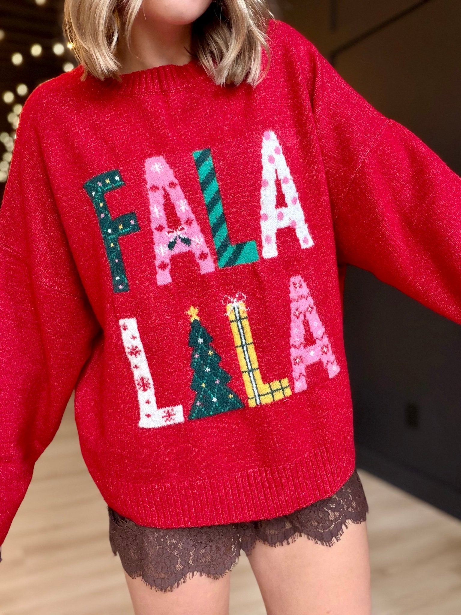 Fa La La Christmas Crew Neck Sweater In Red - Infinity Raine