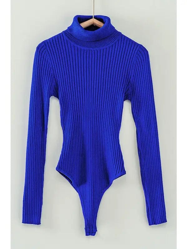 Rib Knit Turtle Neck Bodysuit-Azure Blue - Infinity Raine