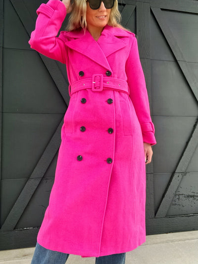 Strong Shoulder Belted Trench Coat-Fuchsia - Infinity Raine