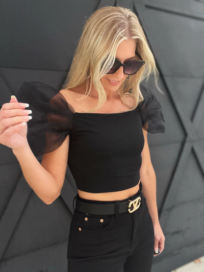 Off Shoulder Puff Sleeve Crop Top-Black - Infinity Raine