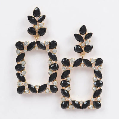 Leaf Rectangle Dangle Earrings-Black - Infinity Raine