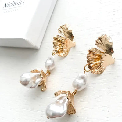 Pearl Bud Fan Leaf Drop Earrings-Gold - Infinity Raine