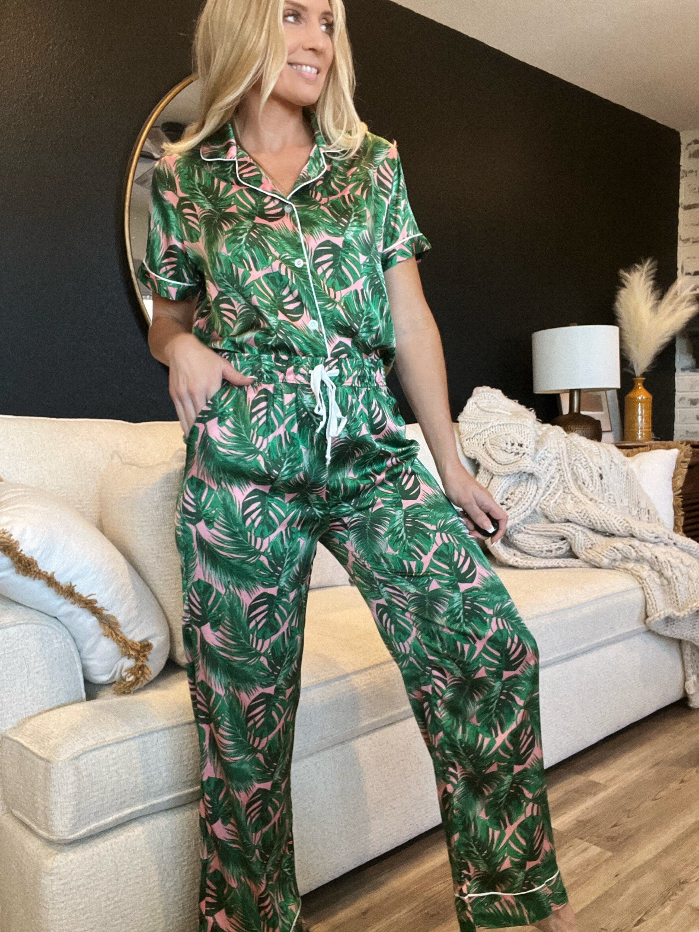 Hello Mello Satin Beauty Sleep Pajama Pants-Pink Palm - Infinity Raine