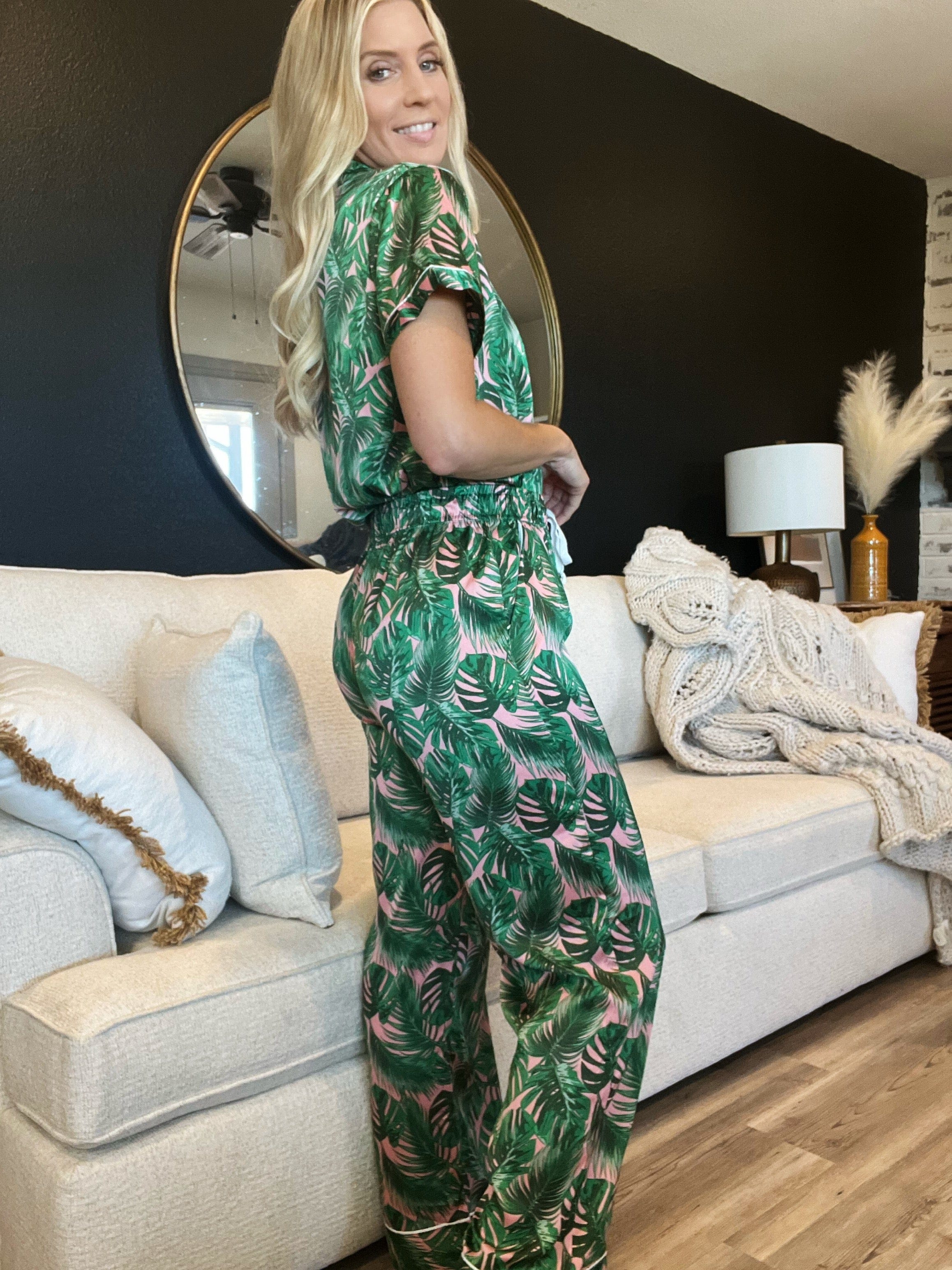 Hello Mello Satin Beauty Sleep Pajama Pants-Pink Palm - Infinity Raine
