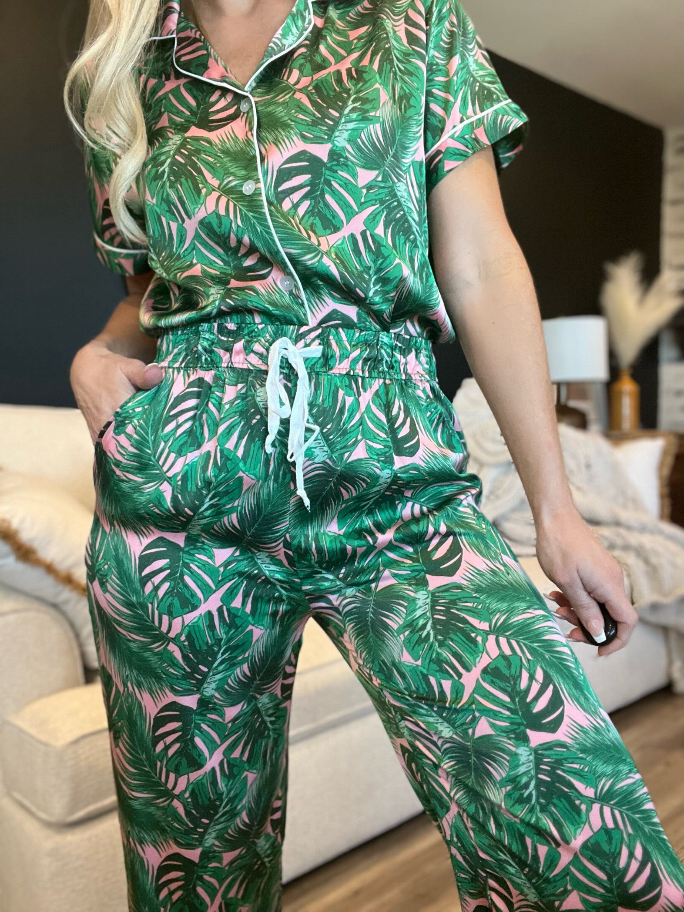 Hello Mello Satin Beauty Sleep Pajama Pants-Pink Palm - Infinity Raine