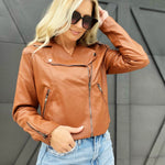 Faux Leather Moto Jacket-Brown - Infinity Raine