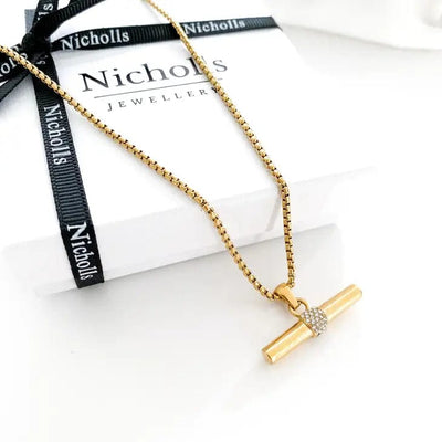 T Bar and Crystal Necklace-Gold - Infinity Raine
