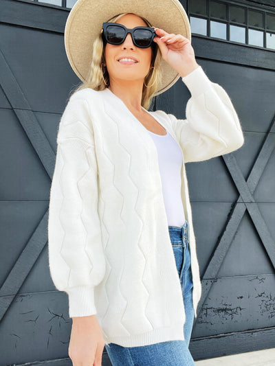 Drop Shoulder Cable Knit Cardigan-White - Infinity Raine