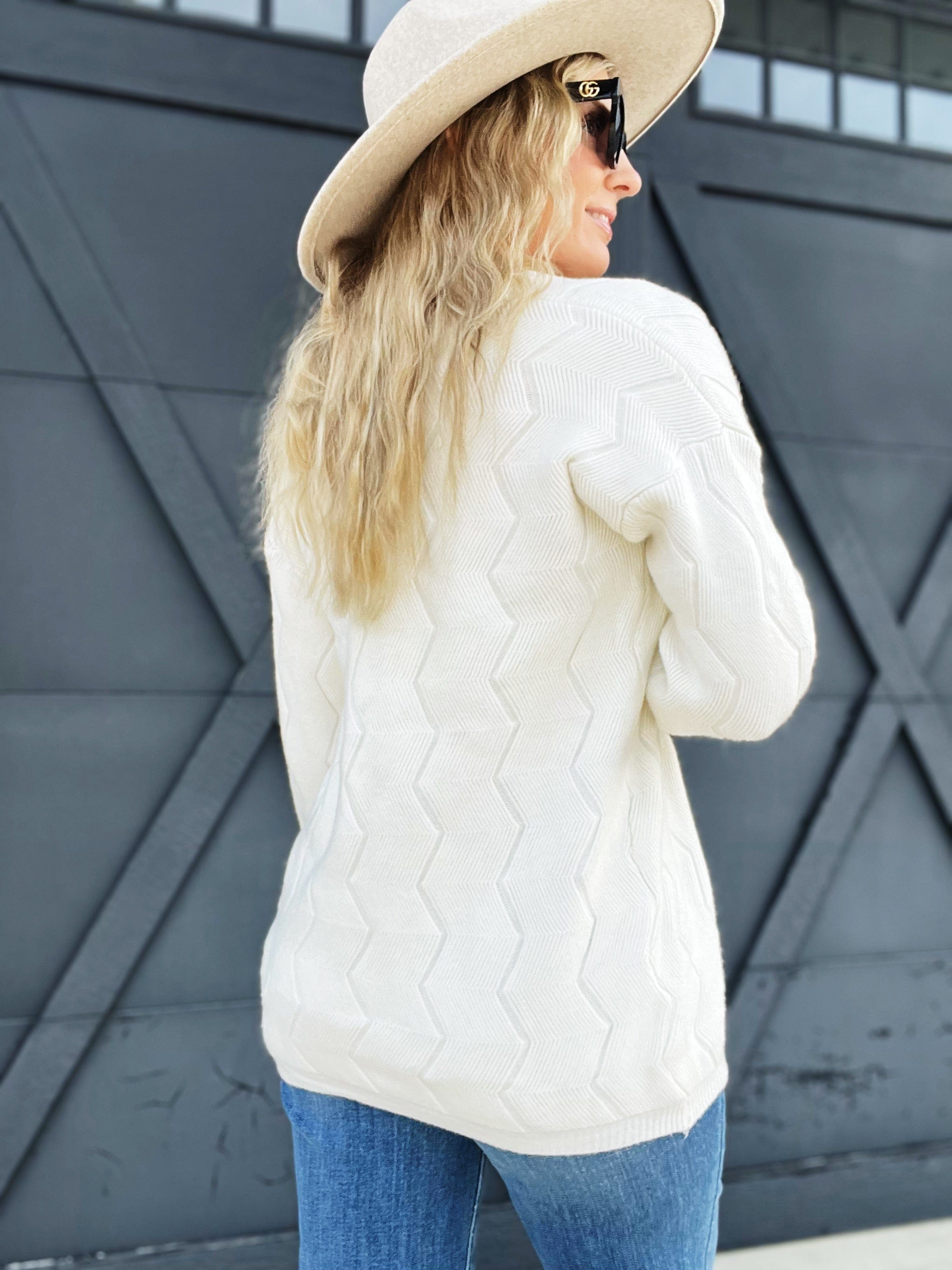 Drop Shoulder Cable Knit Cardigan-White - Infinity Raine