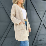 Solid Open Front Cardigan With Pockets-Khaki - Infinity Raine