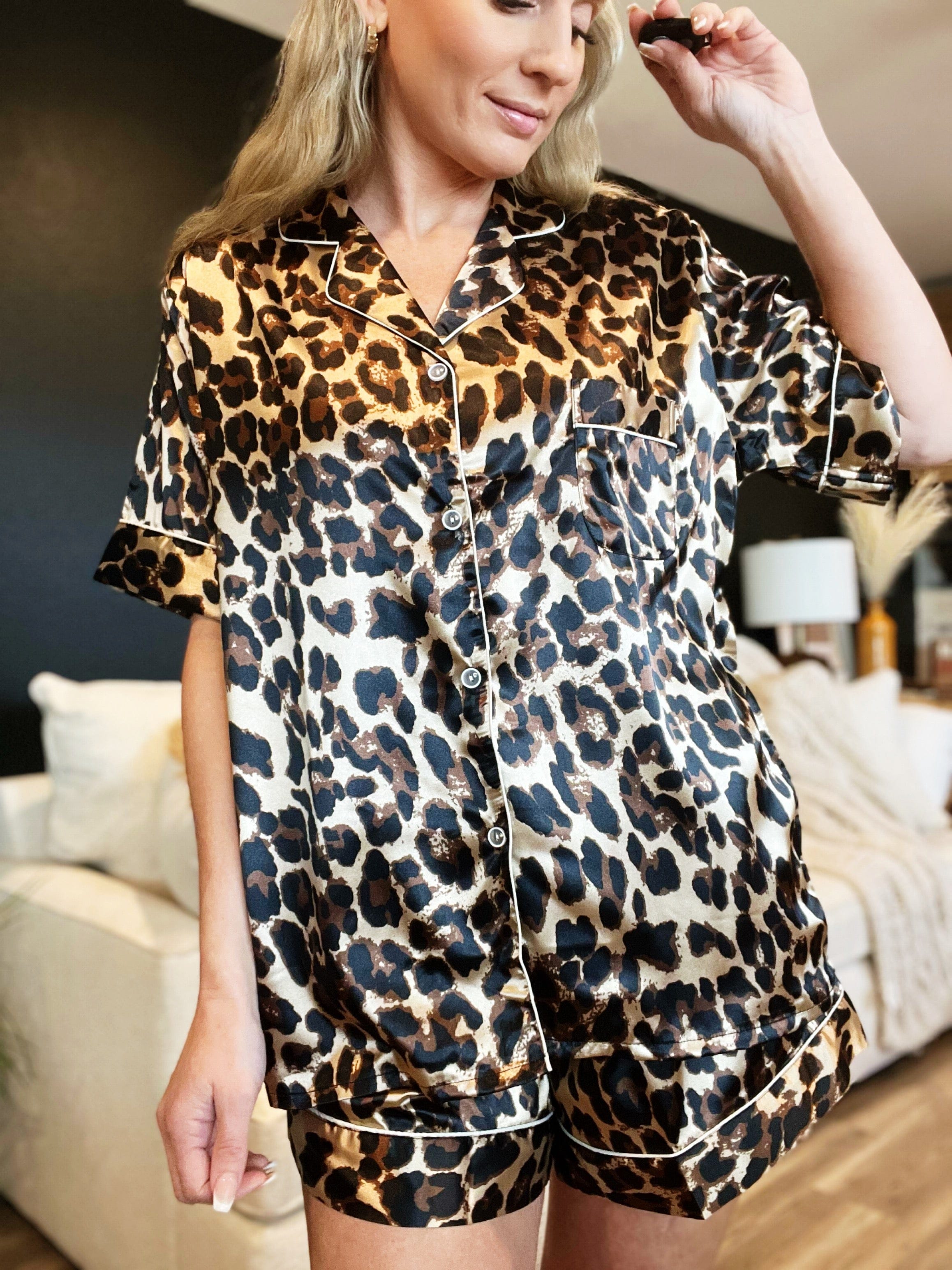 Button Front Pajama Set-Leopard - Infinity Raine
