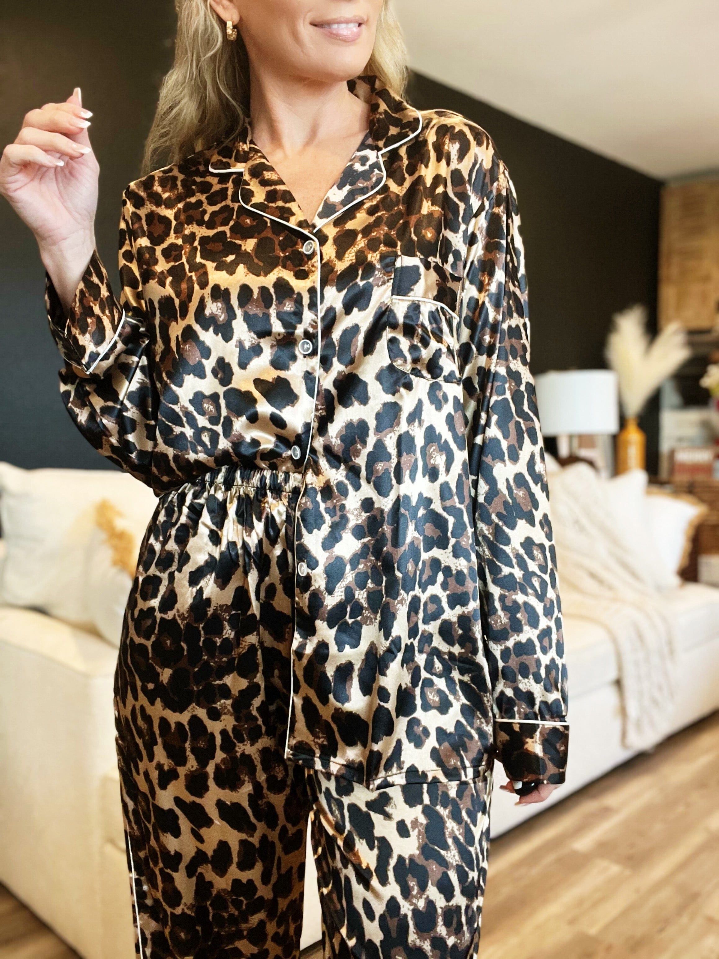 Long Sleeve Button Front Pajama Set-Leopard - Infinity Raine