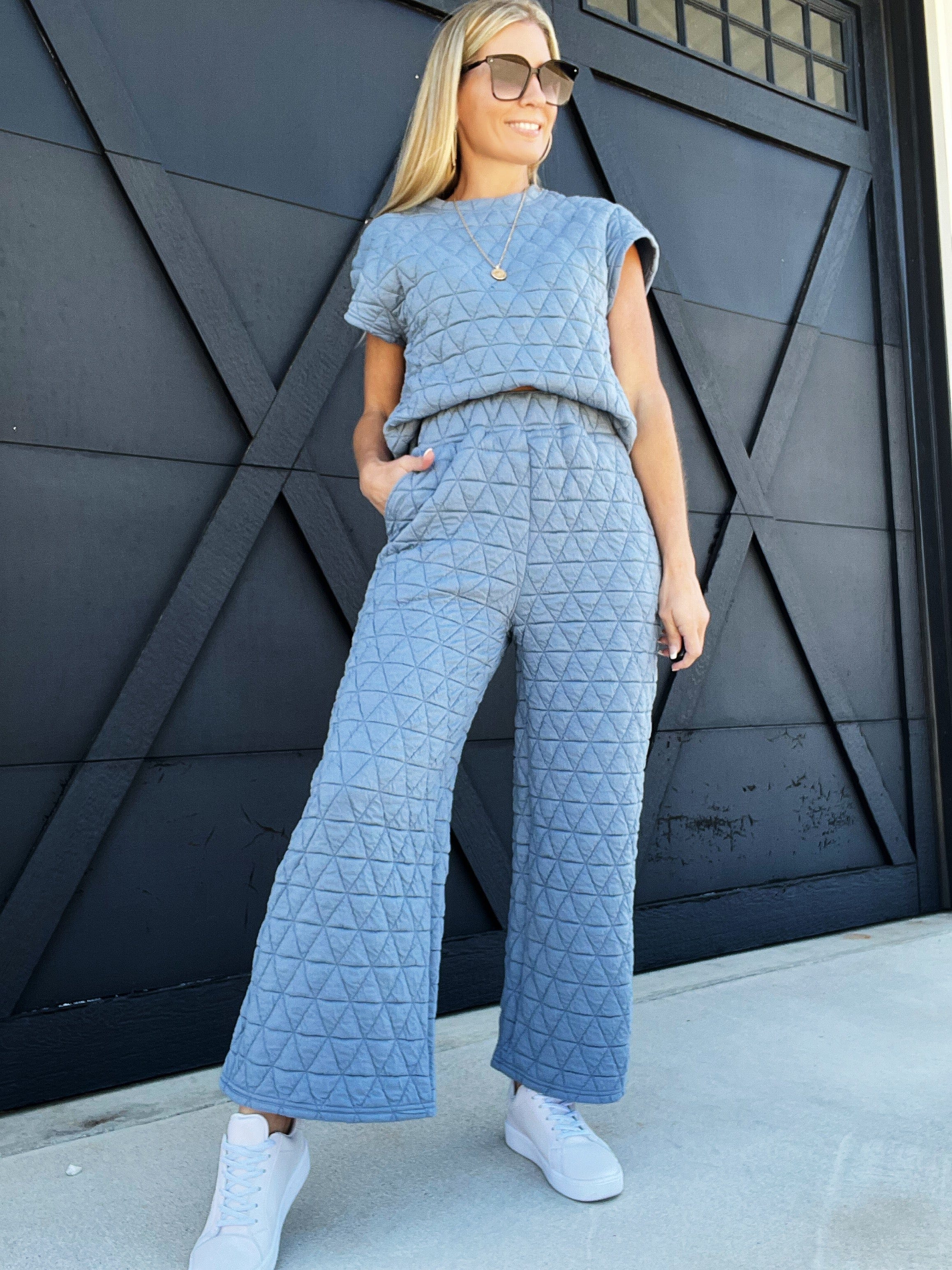Quilted Wide Leg Pants Set-Teal - Infinity Raine