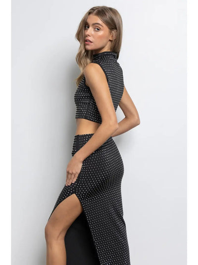 Rhinestone Crop Top and Skirt Set-Black - Infinity Raine