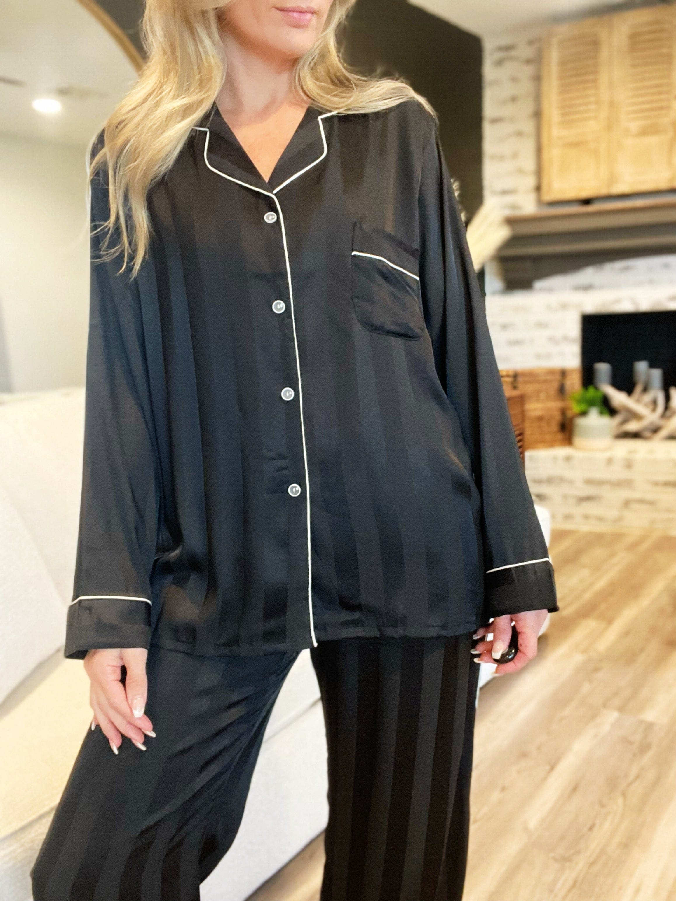 Striped Long Sleeve Button Front Pajama Set-Black - Infinity Raine