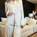 Striped Long Sleeve Button Front Pajama Set-Cream - Infinity Raine
