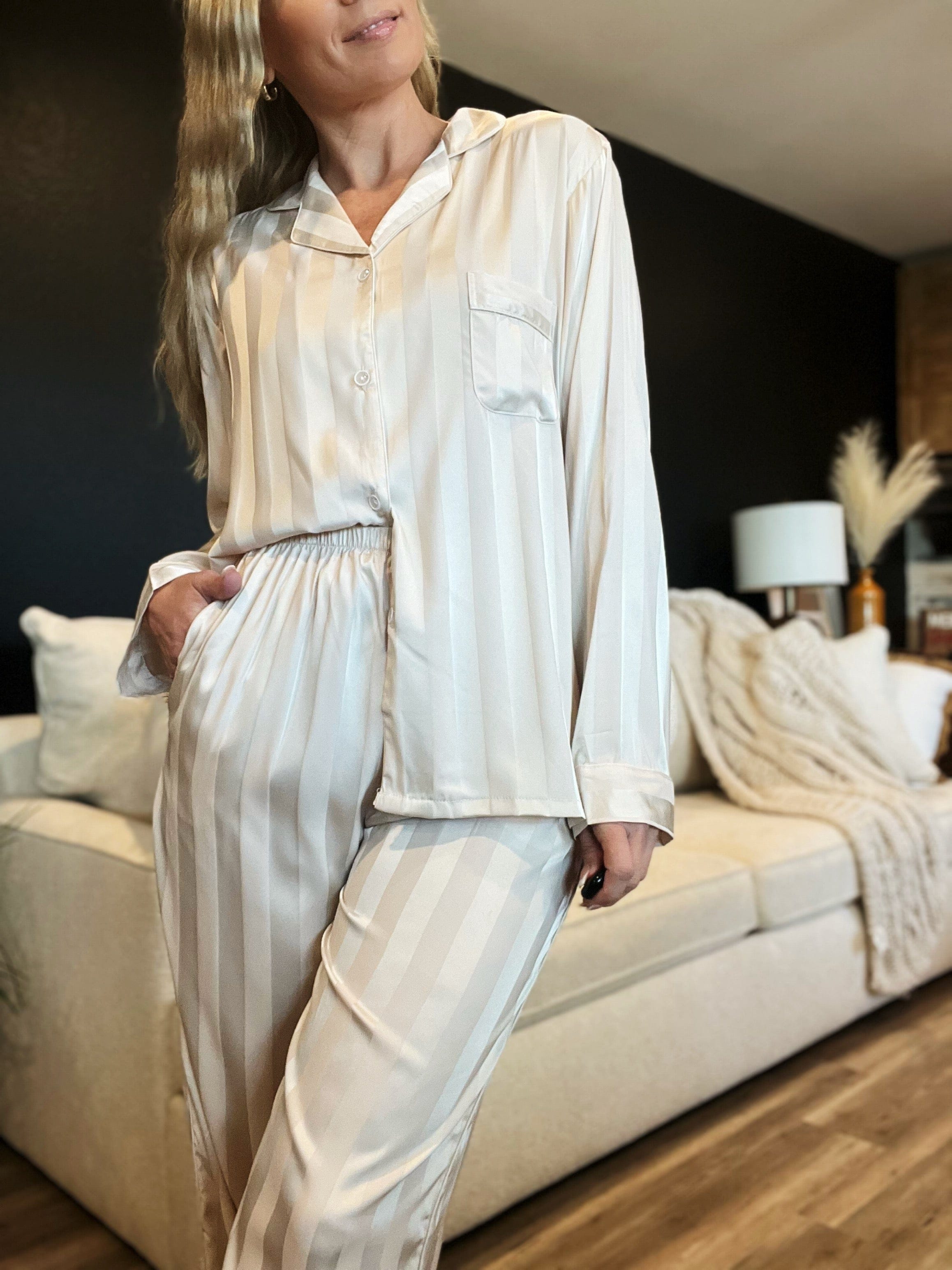 Striped Long Sleeve Button Front Pajama Set-Cream - Infinity Raine