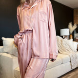Striped Long Sleeve Button Front Pajama Set-Pink - Infinity Raine