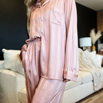 Striped Long Sleeve Button Front Pajama Set-Pink - Infinity Raine