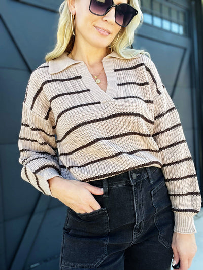 Stripped Collared Sweater-Mocha Brown - Infinity Raine