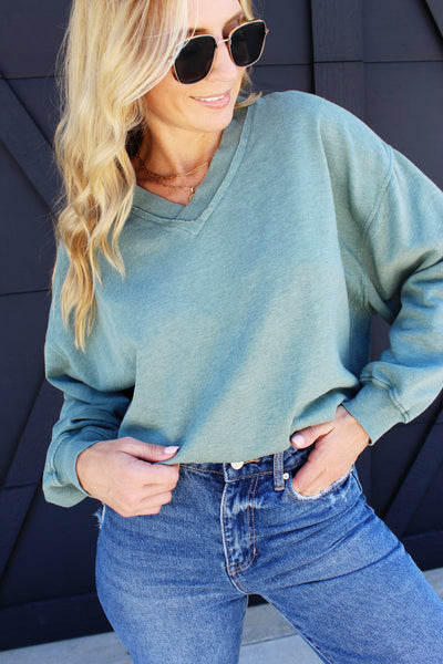 Alyssa Vintage Feel V-Neck Sweatshirt-Sage Leaf - Infinity Raine