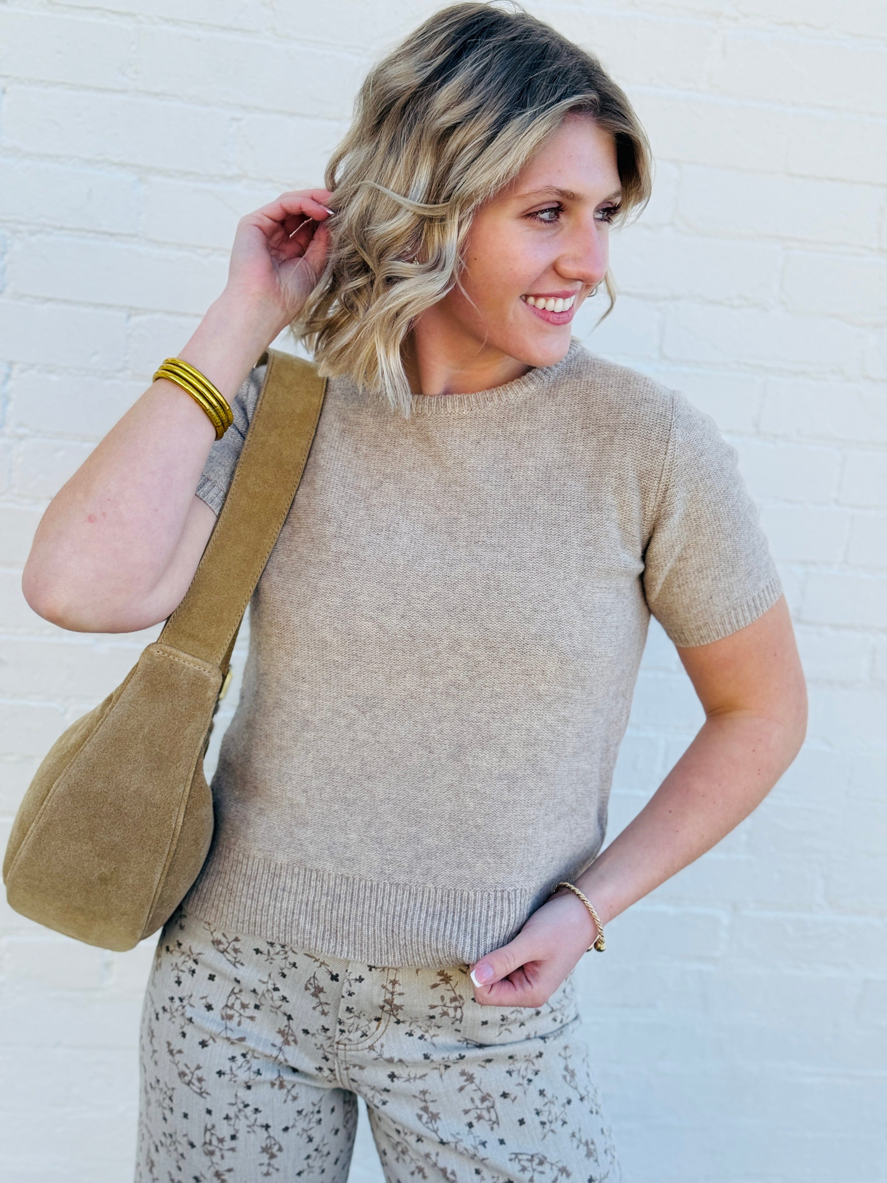 FAIRE Tops - Sweaters Short Sleeve Crew Neck Sweater In Wheat