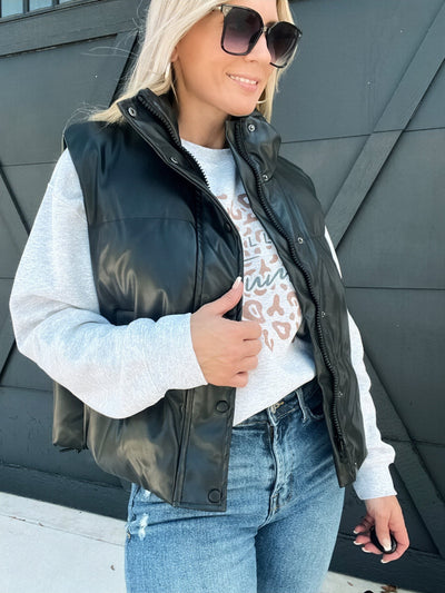 Faux Leather Puffer Vest-Black - Infinity Raine