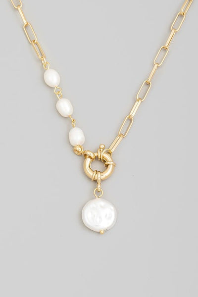Pearly Bead Charm Chain Necklace-Gold - Infinity Raine