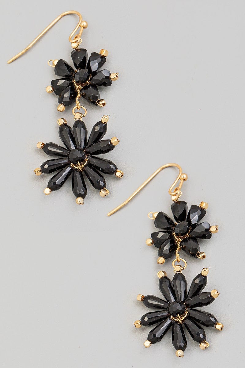 Beaded Flower Chain Dangle Earrings In Black - Infinity Raine