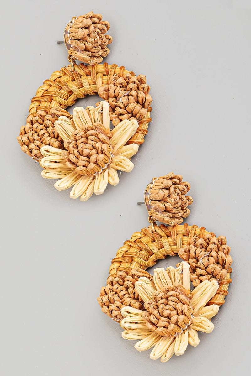 fame accessories Jewelry - Earrings Copy of Copy of Copy of Raffia Flower Braided Hoop Drop Earrings In Light Brown
