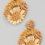 Raffia Flower Braided Hoop Drop Earrings In Light Brown - Infinity Raine