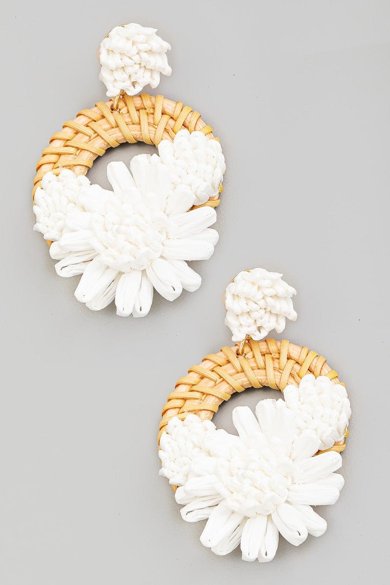 Raffia Flower Braided Hoop Drop Earrings In White - Infinity Raine