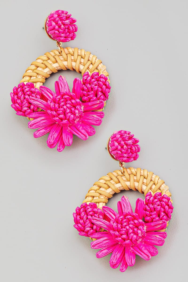 fame accessories Jewelry - Earrings Copy of Raffia Flower Braided Hoop Drop Earrings In Fuchsia