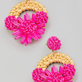 Raffia Flower Braided Hoop Drop Earrings In Fuchsia - Infinity Raine