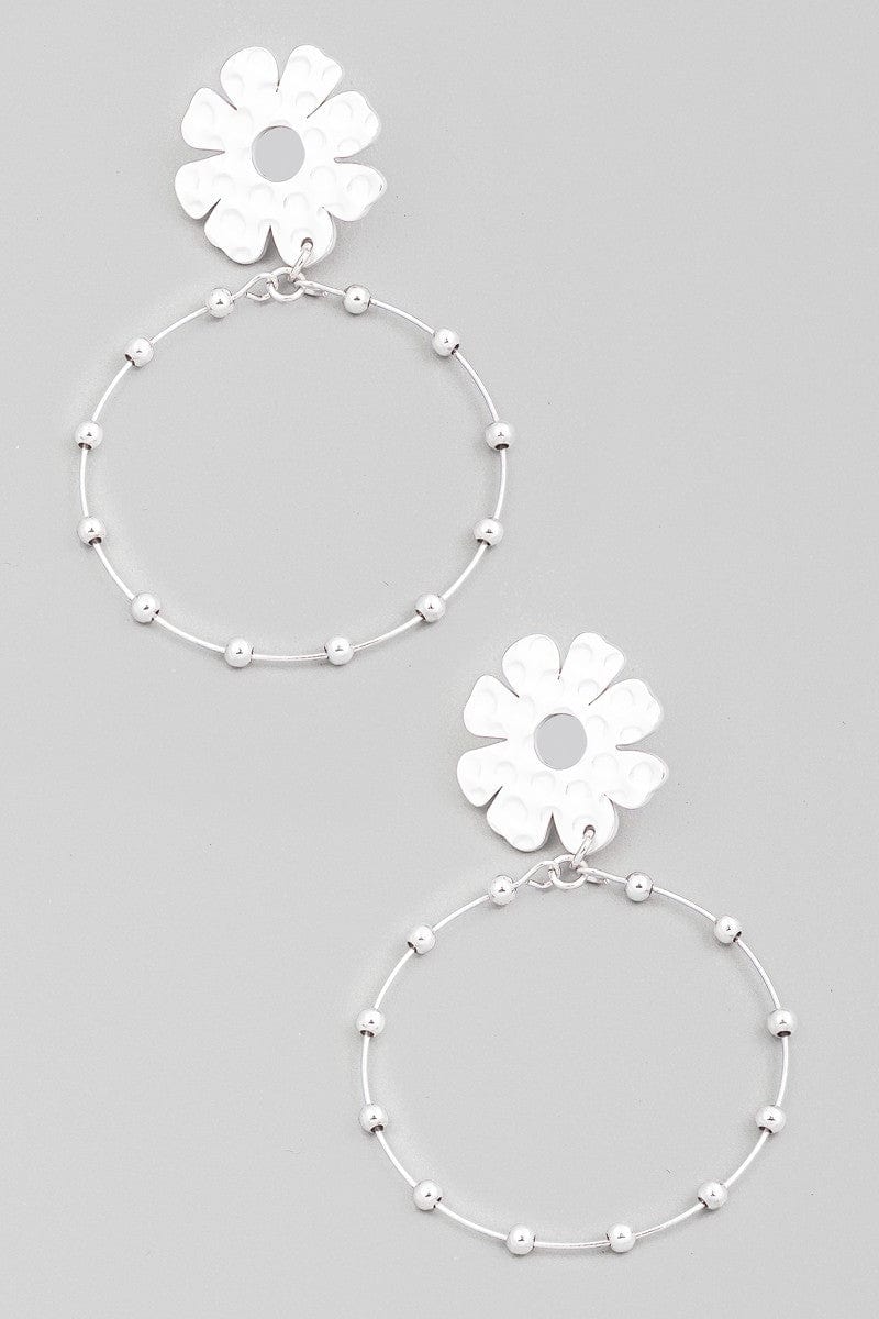 Metallic Floral Stud Hoop Drop Earrings In Silver - Infinity Raine
