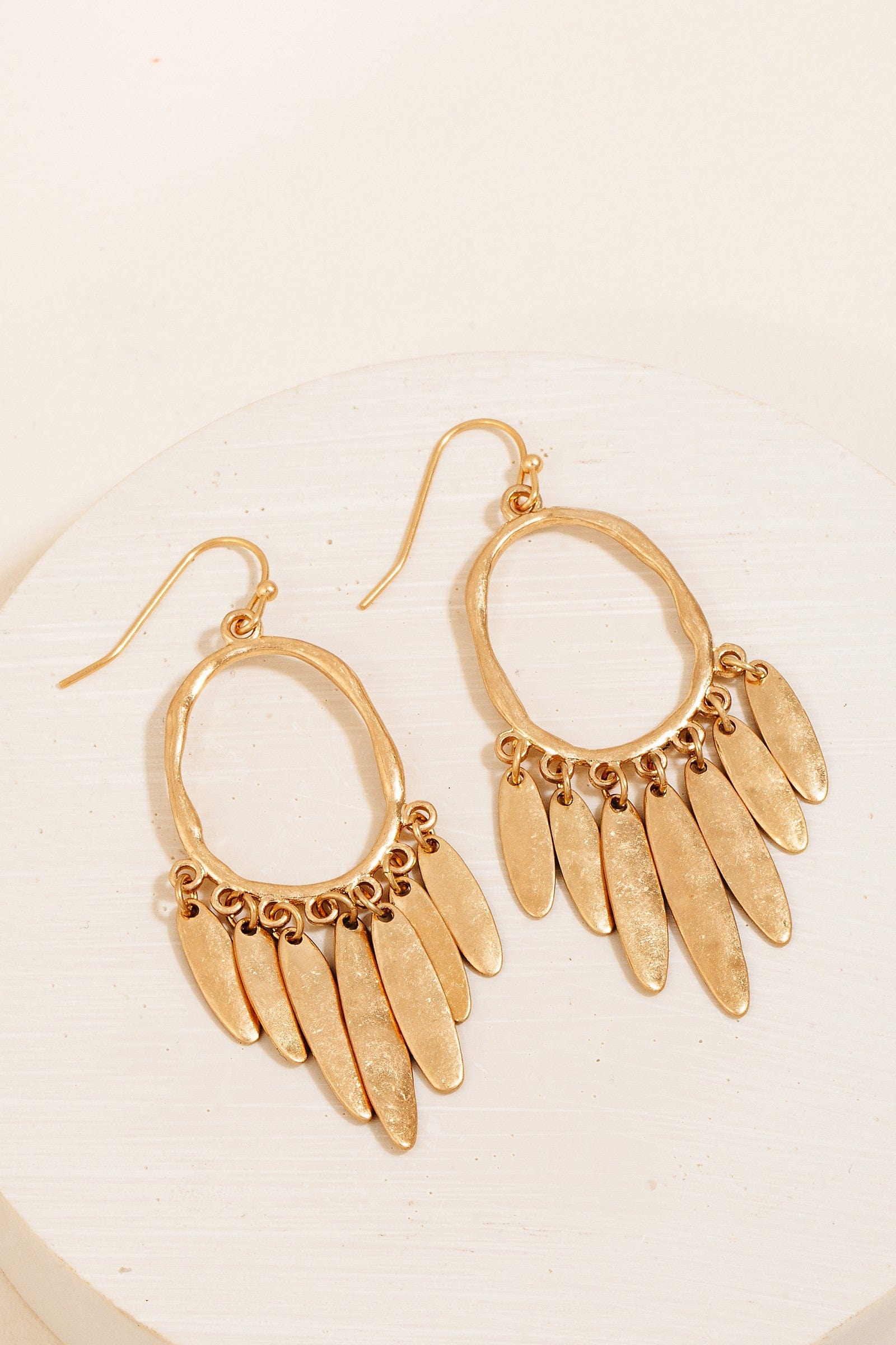 fame accessories Jewelry - Earrings Metallic Hammered Fringe Hoop Drop Earrings In Gold