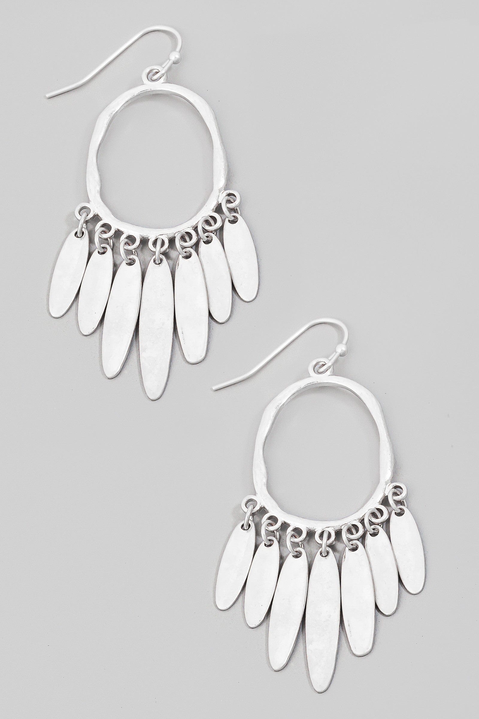fame accessories Jewelry - Earrings Metallic Hammered Fringe Hoop Drop Earrings In Silver