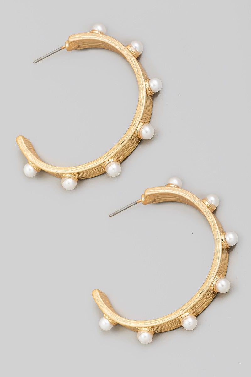 Pearl Studded Brushed Metallic Hoop Earrings In Gold - Infinity Raine