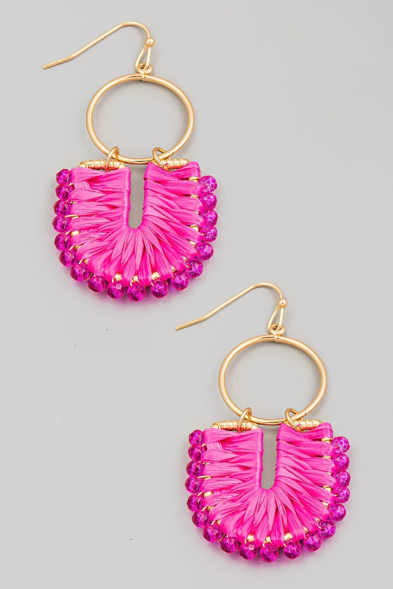 fame accessories Jewelry - Earrings Raffia Wrapped U Hoop Dangle Earrings In Pink