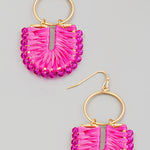 Raffia Wrapped U Hoop Dangle Earrings In Pink - Infinity Raine